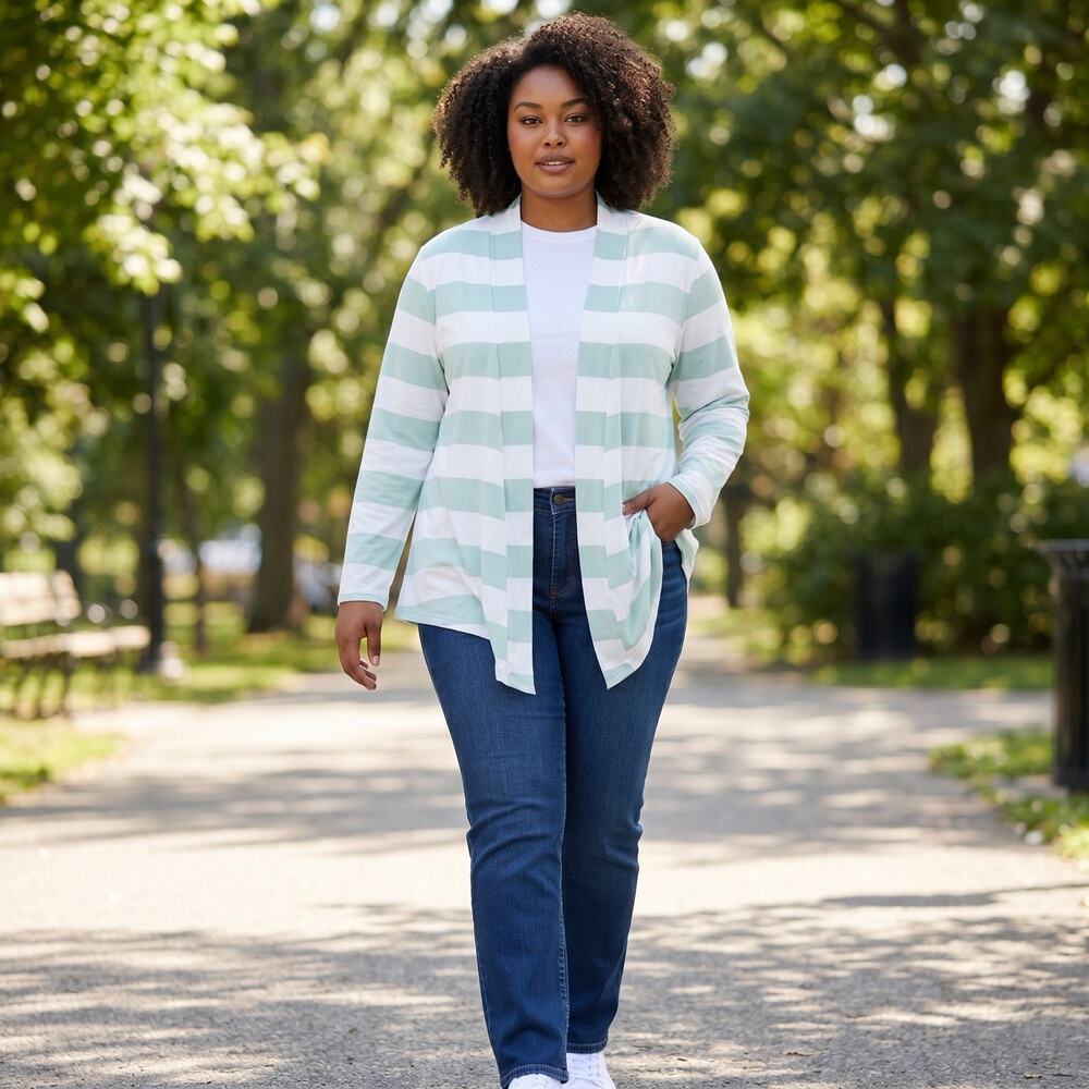 Soma Womens Lightweight Jacket Top Striped Stretch L Green Coastal Beach Travel